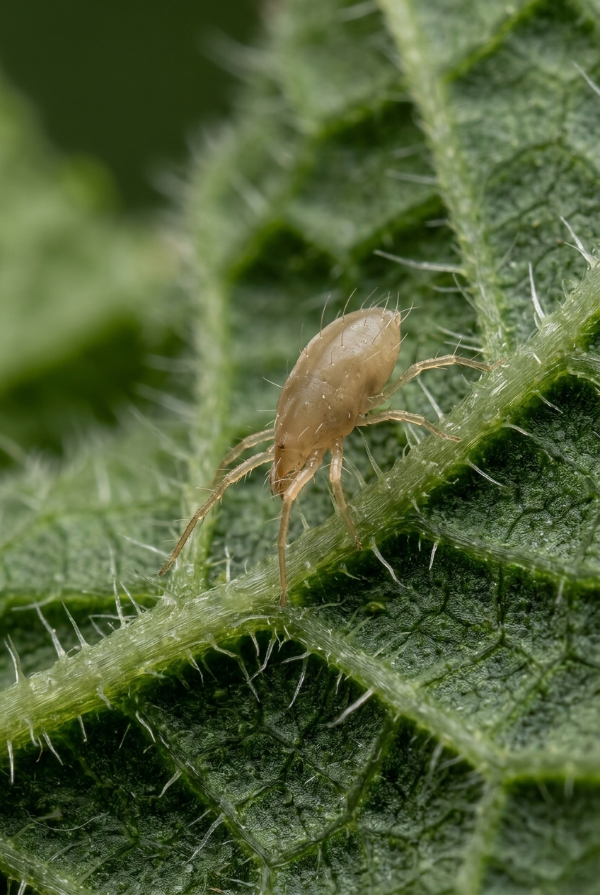 Predatory mite Neoseiulus cucumeris on a leaf